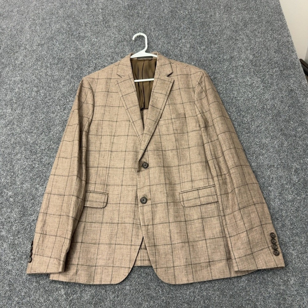 Lauren Ralph Lauren Blazer Mens 43R Tan Linen Blend Windowpane Plaid Classic